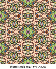 Decorative hand drawn seamless pattern. Colorful abstract art, stylized floral doodle background. Tribal ethnic ornate decoration. Arabic, indian, turkish ornament. Vector geometric repeating texture