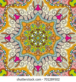 Decorative hand drawn seamless pattern. Colorful abstract art, stylized floral doodle background. Tribal ethnic ornate decoration. Arabic, indian, turkish ornament. Vector geometric repeating texture
