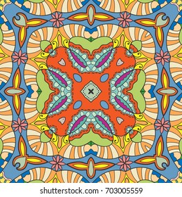 Decorative hand drawn seamless pattern. Colorful abstract art, stylized floral doodle background. Tribal ethnic ornate decoration. Arabic, indian, turkish ornament. Vector geometric repeating texture