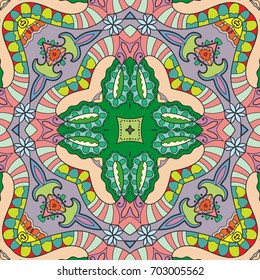 Decorative hand drawn seamless pattern. Colorful abstract art, stylized floral doodle background. Tribal ethnic ornate decoration. Arabic, indian, turkish ornament. Vector geometric repeating texture