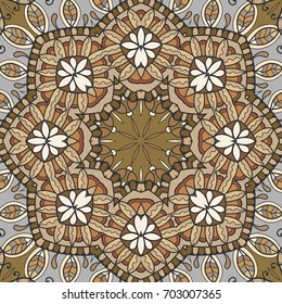 Decorative hand drawn seamless pattern. Colorful abstract art, stylized floral doodle background. Tribal ethnic ornate decoration. Arabic, indian, turkish ornament. Vector geometric repeating texture