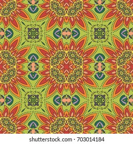 Decorative hand drawn seamless pattern. Colorful abstract art, stylized floral doodle background. Tribal ethnic ornate decoration. Arabic, indian, turkish ornament. Vector geometric repeating texture
