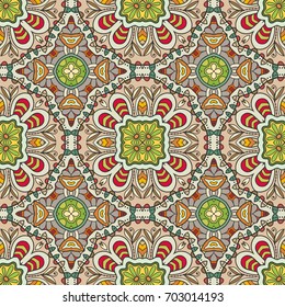 Decorative hand drawn seamless pattern. Colorful abstract art, stylized floral doodle background. Tribal ethnic ornate decoration. Arabic, indian, turkish ornament. Vector geometric repeating texture