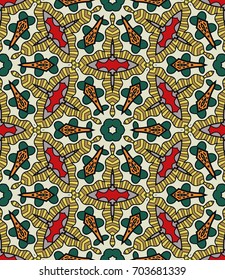Decorative hand drawn seamless pattern. Colorful abstract art, stylized floral doodle background. Tribal ethnic ornate decoration. Arabic, indian, turkish ornament. Vector geometric repeating texture