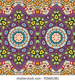 Decorative hand drawn seamless pattern. Colorful abstract art, stylized floral doodle background. Tribal ethnic ornate decoration. Arabic, indian, turkish ornament. Vector geometric repeating texture