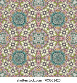 Decorative hand drawn seamless pattern. Colorful abstract art, stylized floral doodle background. Tribal ethnic ornate decoration. Arabic, indian, turkish ornament. Vector geometric repeating texture