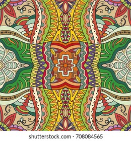 Decorative hand drawn seamless pattern. Colorful abstract art, stylized floral doodle background. Tribal ethnic ornate decoration. Arabic, indian, turkish ornament. Vector geometric repeating texture