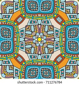 Decorative hand drawn seamless pattern. Colorful abstract art, stylized floral doodle background. Tribal ethnic ornate decoration. Arabic, indian, turkish ornament. Vector geometric repeating texture