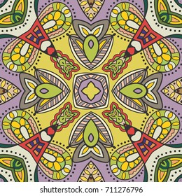 Decorative hand drawn seamless pattern. Colorful abstract art, stylized floral doodle background. Tribal ethnic ornate decoration. Arabic, indian, turkish ornament. Vector geometric repeating texture