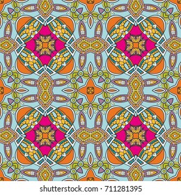 Decorative hand drawn seamless pattern. Colorful abstract art, stylized floral doodle background. Tribal ethnic ornate decoration. Arabic, indian, turkish ornament. Vector geometric repeating texture