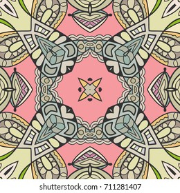 Decorative hand drawn seamless pattern. Colorful abstract art, stylized floral doodle background. Tribal ethnic ornate decoration. Arabic, indian, turkish ornament. Vector geometric repeating texture