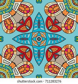 Decorative hand drawn seamless pattern. Colorful abstract art, stylized floral doodle background. Tribal ethnic ornate decoration. Arabic, indian, turkish ornament. Vector geometric repeating texture