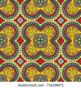 Decorative hand drawn seamless pattern. Colorful abstract art, stylized floral doodle background. Tribal ethnic ornate decoration. Arabic, indian, turkish ornament. Vector geometric repeating texture