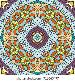 Decorative hand drawn seamless pattern. Colorful abstract art, stylized floral doodle background. Tribal ethnic ornate decoration. Arabic, indian, turkish ornament. Vector geometric repeating texture