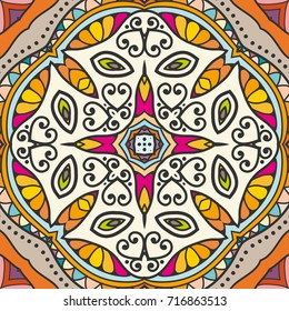 Decorative hand drawn seamless pattern. Colorful abstract art, stylized floral doodle background. Tribal ethnic ornate decoration. Arabic, indian, turkish ornament. Vector geometric repeating texture