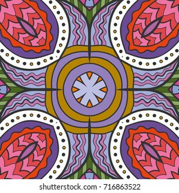 Decorative hand drawn seamless pattern. Colorful abstract art, stylized floral doodle background. Tribal ethnic ornate decoration. Arabic, indian, turkish ornament. Vector geometric repeating texture