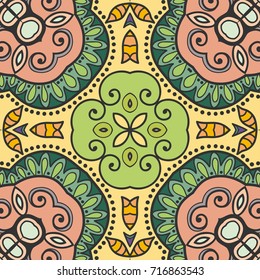 Decorative hand drawn seamless pattern. Colorful abstract art, stylized floral doodle background. Tribal ethnic ornate decoration. Arabic, indian, turkish ornament. Vector geometric repeating texture