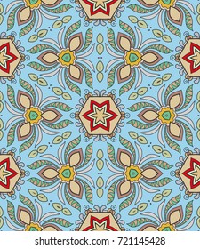 Decorative hand drawn seamless pattern. Colorful abstract art, stylized floral doodle background. Tribal ethnic ornate decoration. Arabic, indian, turkish ornament. Vector geometric repeating texture