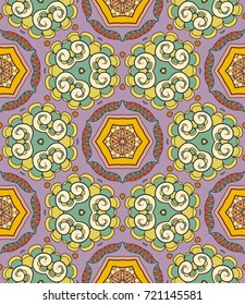Decorative hand drawn seamless pattern. Colorful abstract art, stylized floral doodle background. Tribal ethnic ornate decoration. Arabic, indian, turkish ornament. Vector geometric repeating texture