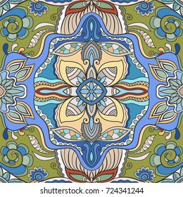 Decorative hand drawn seamless pattern. Colorful abstract art, stylized floral doodle background. Tribal ethnic ornate decoration. Arabic, indian, turkish ornament. Vector geometric repeating texture