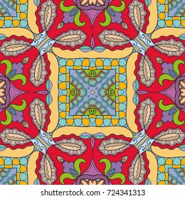 Decorative hand drawn seamless pattern. Colorful abstract art, stylized floral doodle background. Tribal ethnic ornate decoration. Arabic, indian, turkish ornament. Vector geometric repeating texture