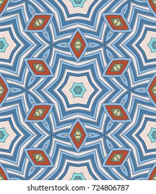 Decorative hand drawn seamless pattern. Colorful abstract art, stylized floral doodle background. Tribal ethnic ornate decoration. Arabic, indian, turkish ornament. Vector geometric repeating texture
