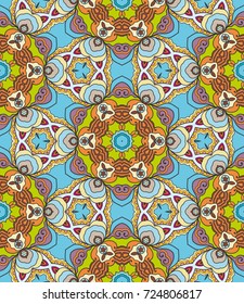 Decorative hand drawn seamless pattern. Colorful abstract art, stylized floral doodle background. Tribal ethnic ornate decoration. Arabic, indian, turkish ornament. Vector geometric repeating texture