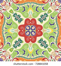 Decorative hand drawn seamless pattern. Colorful abstract art, stylized floral doodle background. Tribal ethnic ornate decoration. Arabic, indian, turkish ornament. Vector geometric repeating texture