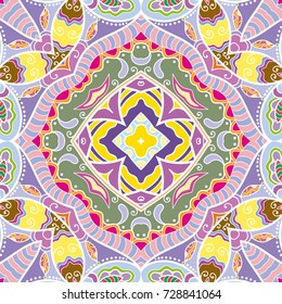 Decorative hand drawn seamless pattern. Colorful abstract art, stylized floral doodle background. Tribal ethnic ornate decoration. Arabic, indian, turkish ornament. Vector geometric repeating texture
