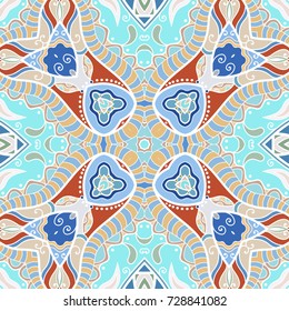 Decorative hand drawn seamless pattern. Colorful abstract art, stylized floral doodle background. Tribal ethnic ornate decoration. Arabic, indian, turkish ornament. Vector geometric repeating texture