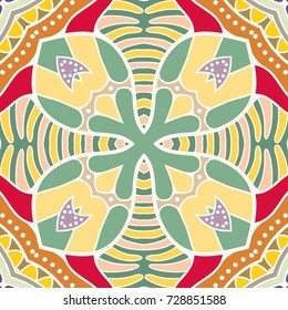 Decorative hand drawn seamless pattern. Colorful abstract art, stylized floral doodle background. Tribal ethnic ornate decoration. Arabic, indian, turkish ornament. Vector geometric repeating texture