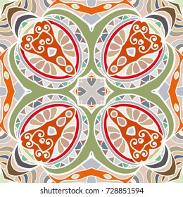 Decorative hand drawn seamless pattern. Colorful abstract art, stylized floral doodle background. Tribal ethnic ornate decoration. Arabic, indian, turkish ornament. Vector geometric repeating texture