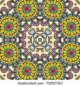 Decorative hand drawn seamless pattern. Colorful abstract art, stylized floral doodle background. Tribal ethnic ornate decoration. Arabic, indian, turkish ornament. Vector geometric repeating texture