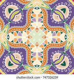 Decorative hand drawn seamless pattern. Colorful abstract art, stylized floral doodle background. Tribal ethnic ornate decoration. Arabic, indian, turkish ornament. Vector geometric repeating texture