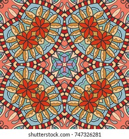 Decorative hand drawn seamless pattern. Colorful abstract art, stylized floral doodle background. Tribal ethnic ornate decoration. Arabic, indian, turkish ornament. Vector geometric repeating texture