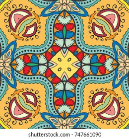 Decorative hand drawn seamless pattern. Colorful abstract art, stylized floral doodle background. Tribal ethnic ornate decoration. Arabic, indian, turkish ornament. Vector geometric repeating texture