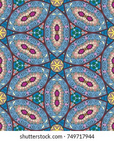 Decorative hand drawn seamless pattern. Colorful abstract art, stylized floral doodle background. Tribal ethnic ornate decoration. Arabic, indian, turkish ornament. Vector geometric repeating texture