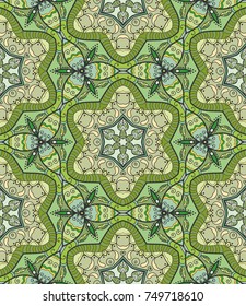 Decorative hand drawn seamless pattern. Colorful abstract art, stylized floral doodle background. Tribal ethnic ornate decoration. Arabic, indian, turkish ornament. Vector geometric repeating texture