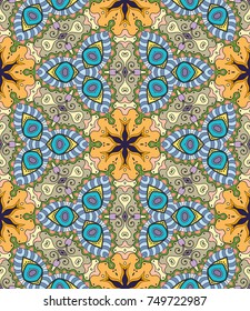 Decorative hand drawn seamless pattern. Colorful abstract art, stylized floral doodle background. Tribal ethnic ornate decoration. Arabic, indian, turkish ornament. Vector geometric repeating texture