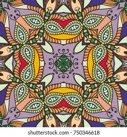 Decorative hand drawn seamless pattern. Colorful abstract art, stylized floral doodle background. Tribal ethnic ornate decoration. Arabic, indian, turkish ornament. Vector geometric repeating texture