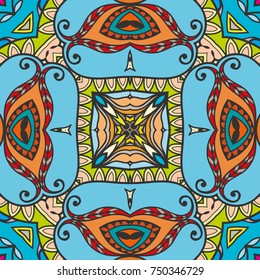 Decorative hand drawn seamless pattern. Colorful abstract art, stylized floral doodle background. Tribal ethnic ornate decoration. Arabic, indian, turkish ornament. Vector geometric repeating texture