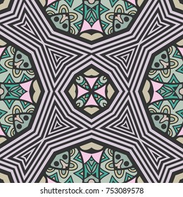 Decorative hand drawn seamless pattern. Colorful doodle art illustration. Tribal ethnic ornate decoration. Vector geometric repeating texture. Dynamic line graphic pattern. Optical illusion background