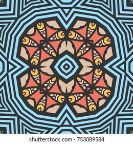 Decorative hand drawn seamless pattern. Colorful doodle art illustration. Tribal ethnic ornate decoration. Vector geometric repeating texture. Dynamic line graphic pattern. Optical illusion background