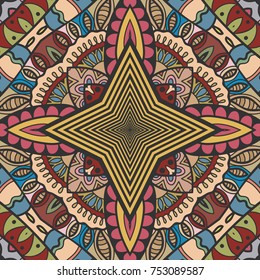 Decorative hand drawn seamless pattern. Colorful doodle art illustration. Tribal ethnic ornate decoration. Vector geometric repeating texture. Dynamic line graphic pattern. Optical illusion background