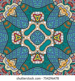 Decorative hand drawn seamless pattern. Colorful abstract art, stylized floral doodle background. Tribal ethnic ornate decoration. Arabic, indian, turkish ornament. Vector geometric repeating texture