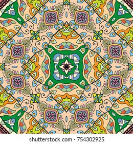 Decorative hand drawn seamless pattern. Colorful abstract art, stylized floral doodle background. Tribal ethnic ornate decoration. Arabic, indian, turkish ornament. Vector geometric repeating texture