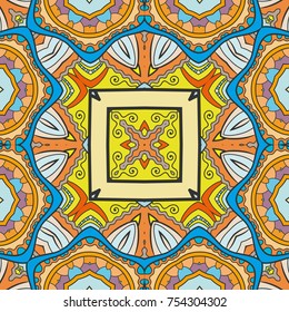 Decorative hand drawn seamless pattern. Colorful abstract art, stylized floral doodle background. Tribal ethnic ornate decoration. Arabic, indian, turkish ornament. Vector geometric repeating texture