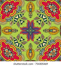 Decorative hand drawn seamless pattern. Colorful abstract art, stylized floral doodle background. Tribal ethnic ornate decoration. Arabic, indian, turkish ornament. Vector geometric repeating texture