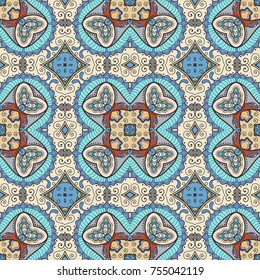 Decorative hand drawn seamless pattern. Colorful abstract art, stylized floral doodle background. Tribal ethnic ornate decoration. Arabic, indian, turkish ornament. Vector geometric repeating texture