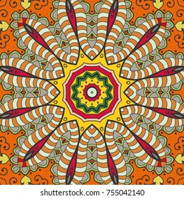 Decorative hand drawn seamless pattern. Colorful abstract art, stylized floral doodle background. Tribal ethnic ornate decoration. Arabic, indian, turkish ornament. Vector geometric repeating texture